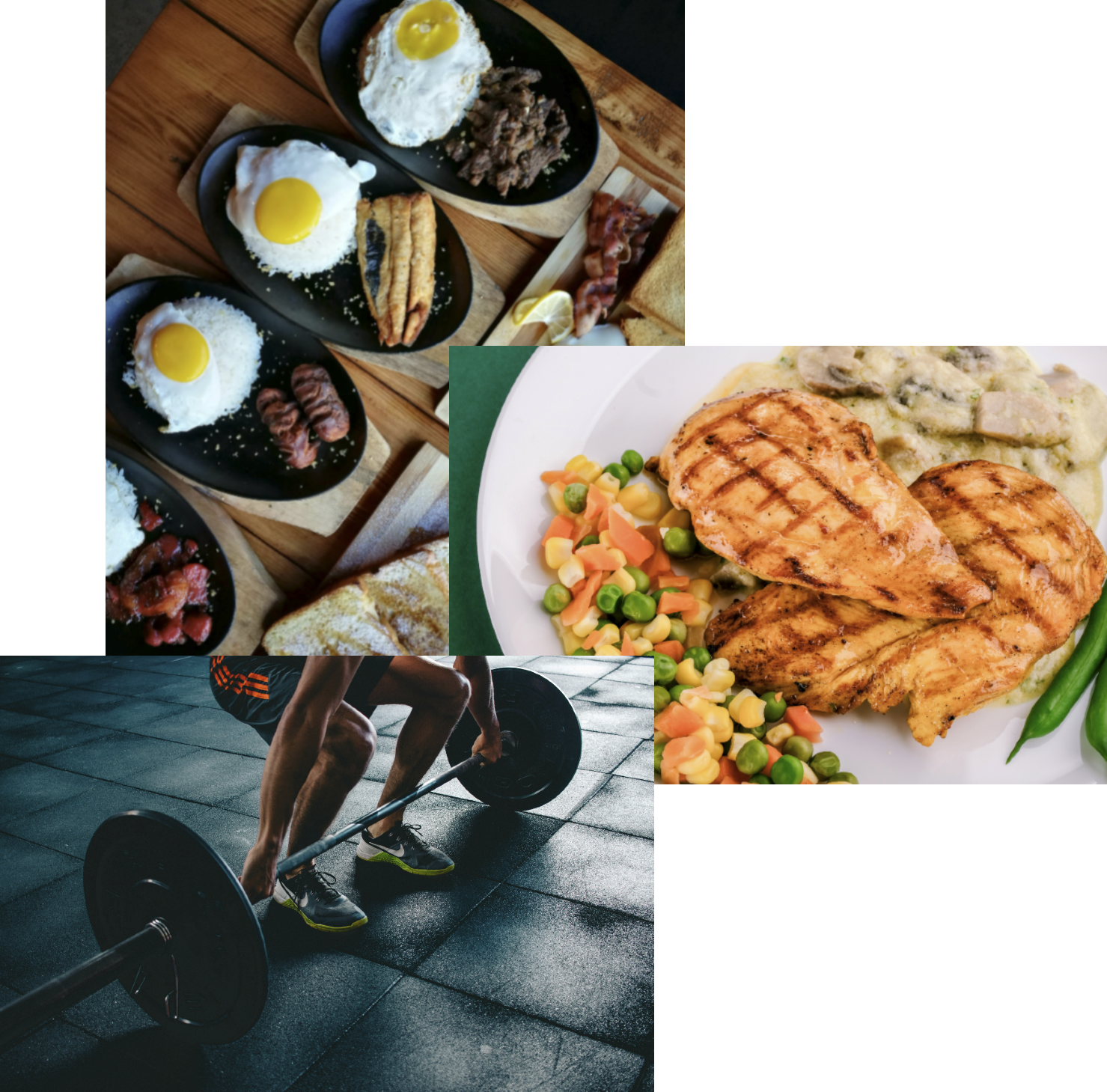 Man lifting barbell, meal with eggs and other items, meal with chicken and corn